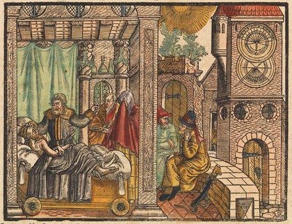 King Hezekiah on his sickbed asks Isaiah for a sign that he will recover. Coloured woodcut, 15--.