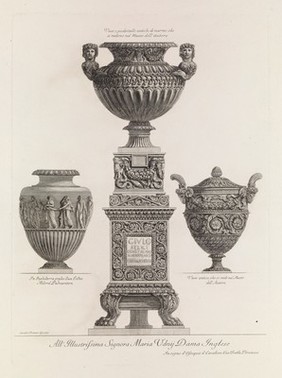 A marble vase on a pedestal with two other vases. Etching by G.B. Piranesi, ca. 1770.