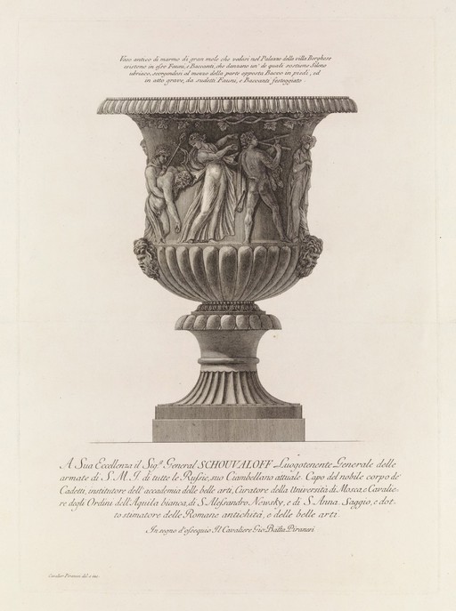 A marble vase sculpted with bacchic revels