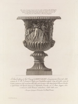 view A marble vase sculpted with bacchic revels. Etching by G.B. Piranesi, ca. 1770.