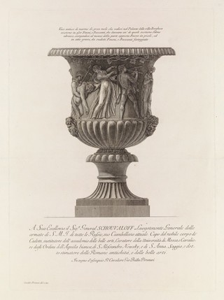 A marble vase sculpted with bacchic revels. Etching by G.B. Piranesi, ca. 1770.