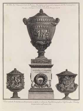 Three marble vases. Etching by G.B. Piranesi, ca. 1770.