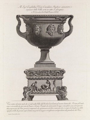 view A large marble vase on a porphyry pedestal. Etching by G.B. Piranesi, ca. 1770.