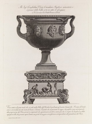 A large marble vase on a porphyry pedestal. Etching by G.B. Piranesi, ca. 1770.