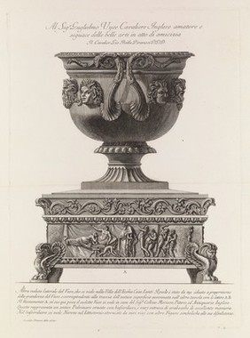 A large marble vase on a porphyry pedestal. Etching by G.B. Piranesi, ca. 1770.