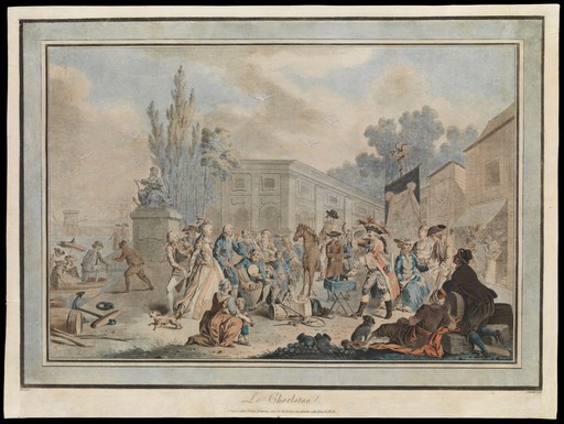 A public square in a French port, in which a medicine vendor cries up his wares to an audience of traders and strollers. Coloured aquatint by J. Léveillé, 1785, after A. Borel
