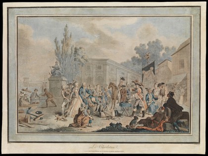 A public square in a French port, in which a medicine vendor cries up his wares to an audience of traders and strollers. Coloured aquatint by J. Léveillé, 1785, after A. Borel.