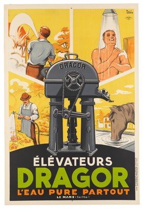 A Dragor water pump for raising water from a well, and uses of abundant clean water; advertising Dragor water pumps. Colour lithograph by P. Igert, 1935.