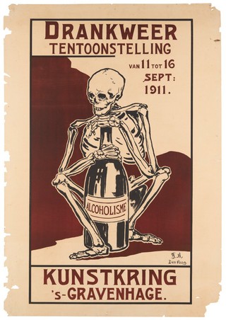 A skeleton clutching a bottle labelled "Alcoholisme"; advertising an exhibition on alcohol abuse in the Hague, 1911. Lithograph, 1911, after F.M.