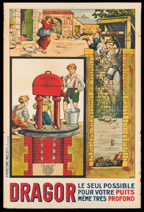 A new well, fitted with a Dragor water pump, contrasted with an old well using a bucket on a winch; advertising Dragor water pumps. Colour lithograph by Jelb, 1935.