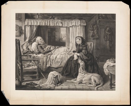 A dying fisherman lying in bed is being consoled by Queen Victoria, seated by his side. Engraving by W.H. Simmons after G. Steell, ca. 1865.