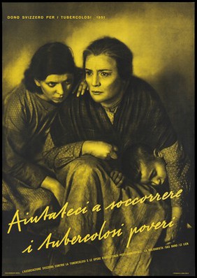 Two frightened women and a child with tuberculosis; advertising for funds for the tuberculous poor. Colour process print after Erismann, 1951.