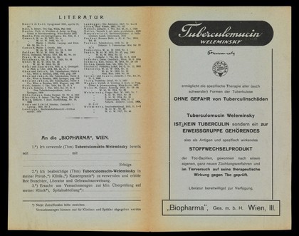 Advertisement for Tuberculomucin Weleminsky (tuberculosis, 1925).