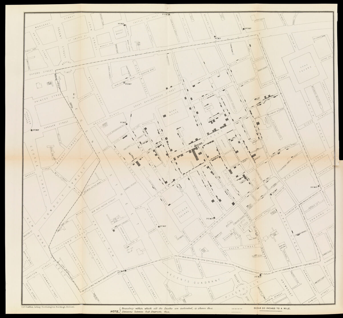 Mapa de John Snow do surto de cólera de 1854 em Soho, Londres, com cada morte marcada em torno da bomba de água da Broad Street