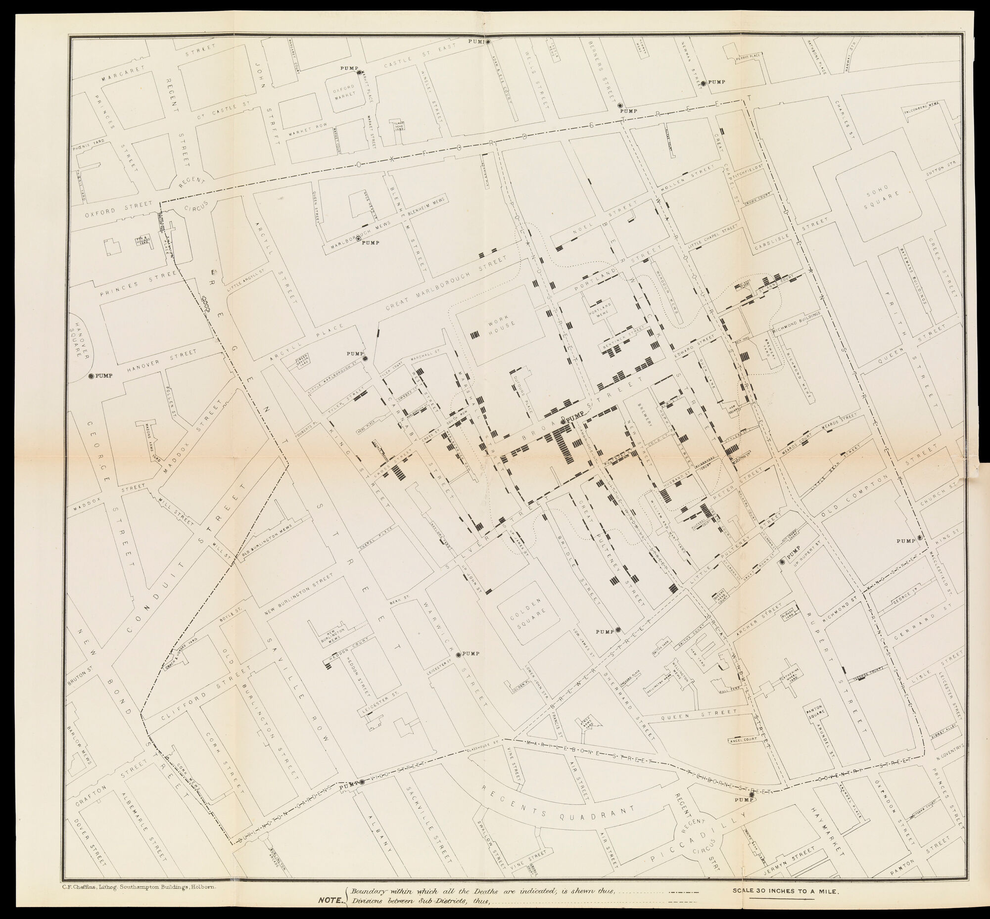 A street map of Soho with small black bars clustered near the Broad Street pump, other pumps labeled around it, and a dashed boundary through the surrounding streets.