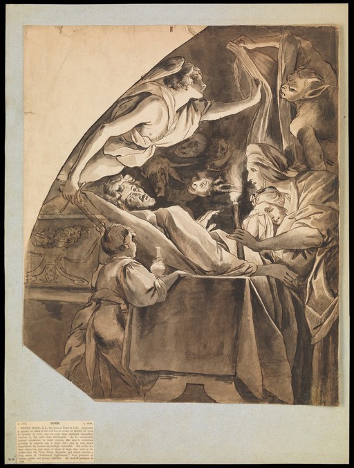 A man on his deathbed. Drawing attributed to H.P. Bone