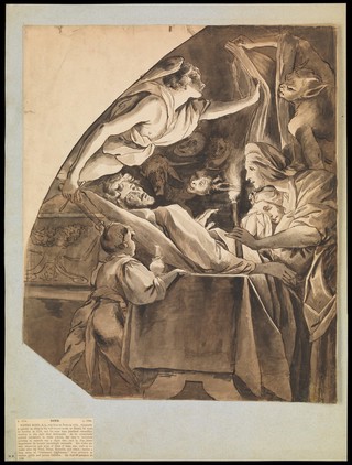 A man on his deathbed. Drawing attributed to H. Bone.