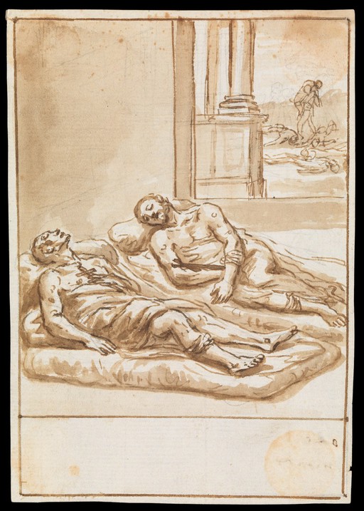 Two holy men lie side by side affected by the plague