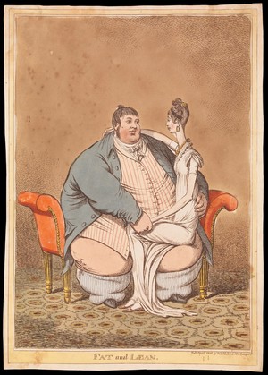 view Daniel Lambert contrasted with a thin woman seated on his knee. Coloured etching by C. Williams, 1806.