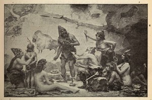 view Reproduction of a painting of a cave-painting scene.