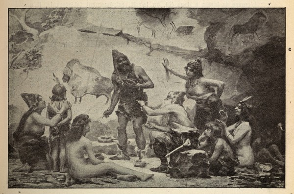 Reproduction of a painting of a cave-painting scene.