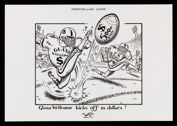 The kick-off at an American football match, representing the first Glaxo Wellcome bond issue. Drawing by O. Copplestone, 1995.