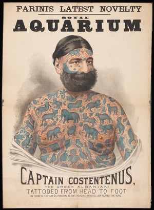 view Captain Costentenus, a man with many tattooes on his body. Colour lithograph.