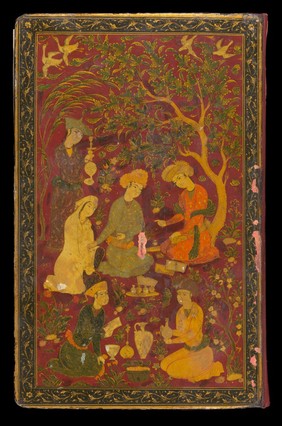 Physician talking to a female patient in a garden with servants preparing medicaments and potions. Persian lacquered binding board front cover of Avicenna's Canon of Medicine transcribed in Isfahan 1632.