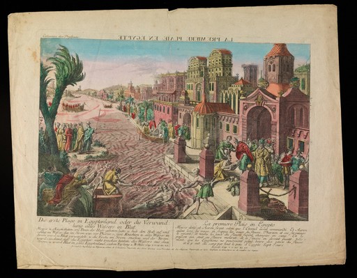 The first plague in Egypt, rivers turned to blood. Coloured etching.