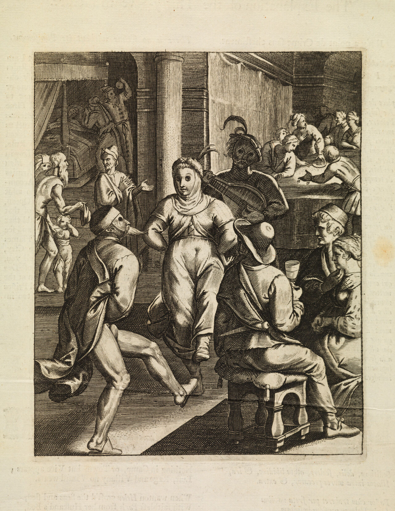 People engaged in pleasures (dancing, drinking, gaming, flirting) to counteract the pains of illness and old age. Line engraving attributed to O. van Veen (Vaenius)., 1600-1699, by Otto van Veen