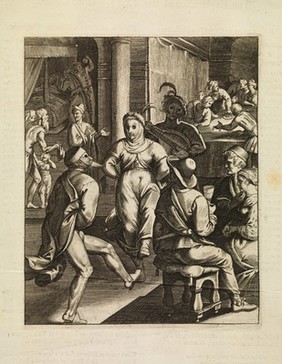 People engaged in pleasures (dancing, drinking, gaming, flirting) to counteract the pains of illness and old age. Line engraving attributed to O. van Veen (Vaenius).