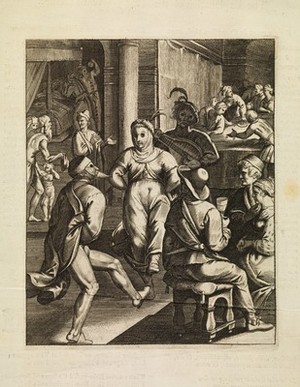 view People engaged in pleasures (dancing, drinking, gaming, flirting) to counteract the pains of illness and old age. Line engraving attributed to O. van Veen (Vaenius).