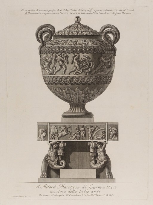 A marble vase sculpted with the labours of Hercules, resting on a base in the form of a coffin. Etching by G.B. Piranesi, ca. 1770