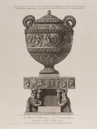 A marble vase sculpted with the labours of Hercules, resting on a base in the form of a coffin. Etching by G.B. Piranesi, ca. 1770.
