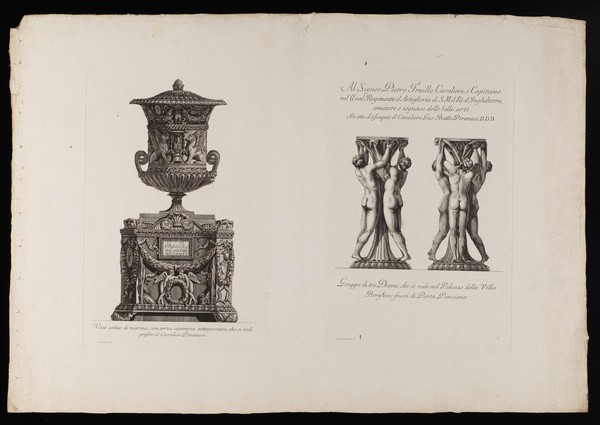 A marble vase placed on an urn. Etching by G.B. Piranesi, ca. 1770.