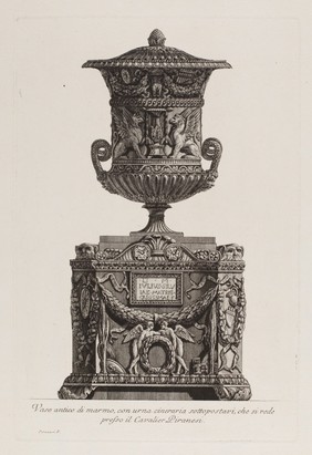 A marble vase placed on an urn. Etching by G.B. Piranesi, ca. 1770.