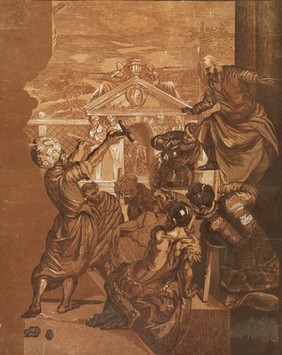 A man charged with punishing a slave who venerated the relics of Saint Mark shows that his instrument of torture was broken by a miracle. Colour woodcut by J.B. Jackson, 1731/1745, after J. Robusti, il Tintoretto.