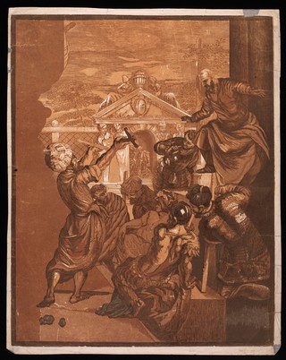 A man charged with punishing a slave who venerated the relics of Saint Mark shows that his instrument of torture was broken by a miracle. Colour woodcut by J.B. Jackson, 1731/1745, after J. Robusti, il Tintoretto.