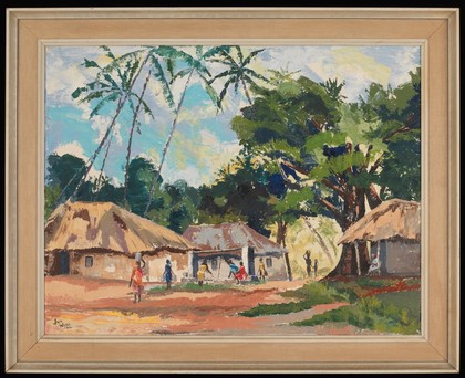 Kenya: a coastal village showing the transmission conditions for malaria, hookworm infection and schistosomiasis. Oil painting by J.K.H. Wilde, 1966.