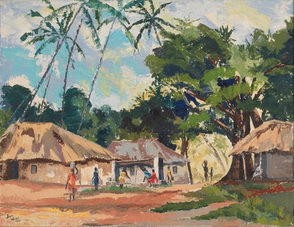 Kenya: a coastal village showing the transmission conditions for malaria, hookworm infection and schistosomiasis. Oil painting by J.K.H. Wilde, 1966.