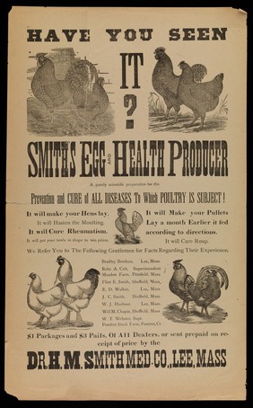 Poultry that are healthy as a result of taking Smith's egg and health producer (chicken feed). Wood engravings with letterpress (?), ca. 189-.