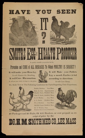 view Poultry that are healthy as a result of taking Smith's egg and health producer (chicken feed). Wood engravings with letterpress (?), ca. 189-.