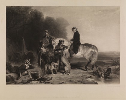 A landowner has an encounter with a family of gipsies on his estate. Mezzotint by H. Quilley, 1836, after C. Hancock.