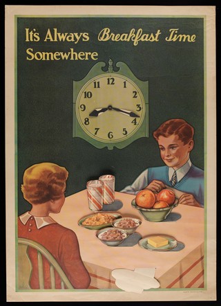 A boy and a girl sitting at the breakfast table, with a changeable clock face behind and slots for food on the table. Colour lithograph after Dorcy, 1935.