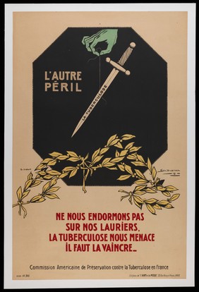 The sword of Damocles hangs over a laurel wreath, representing complacency about tuberculosis in France after World War I. Colour lithograph after G. Capon and G. Dorival, 1918.