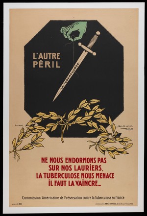 view The sword of Damocles hangs over a laurel wreath, representing complacency about tuberculosis in France after World War I. Colour lithograph after G. Capon and G. Dorival, 1918.