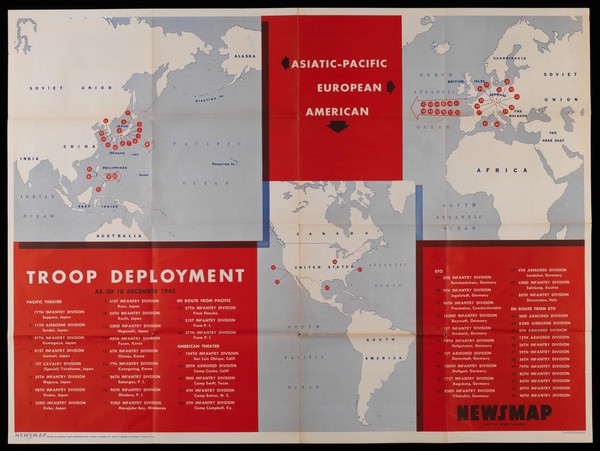 The United States Army in World War II: deployment of troops in Europe and the Pacific, and prevention of venereal disease. Colour lithograph, December 1945.