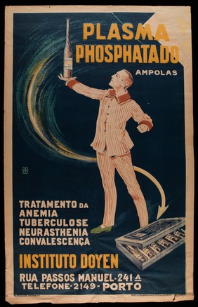 A man in pyjamas restored to health holding a bottle of the medicine Plasma Phosphatado. Colour lithograph, 1917.