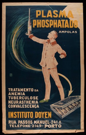 view A man in pyjamas restored to health holding a bottle of the medicine Plasma Phosphatado. Colour lithograph, 1917.