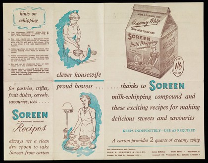 For pastries, trifles, fruit dishes, cereals, savouries, ices... Soreen milk-whipping compound : recipes : always use a clean dry spoon to take Soreen from carton / John B. Sorenson & Co. Ltd.